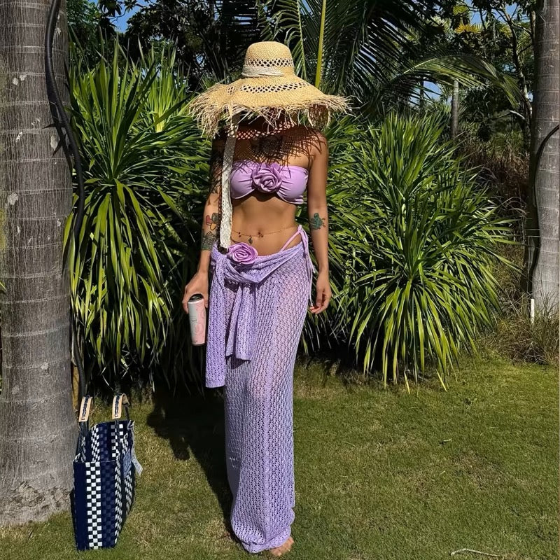 Lemon Yellow Bikini Set Sexy Low Waist Cover Up Vacation Beachwear Trio