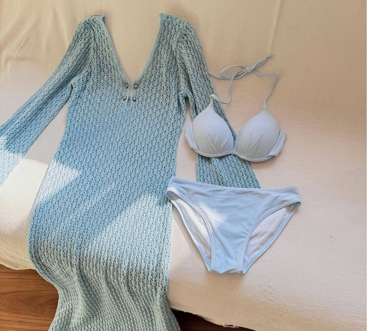 Elegant Haze Blue Steel Underwire Push Up Swimsuit for Small Chest Beach Resort Hot Spring Long Dress Bathing Suit