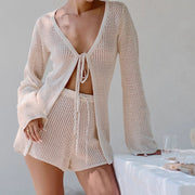 Sexy Solid Color Knit Bikini Beach Cover Up Set Women Short Beach Set Sun Protection Outfit