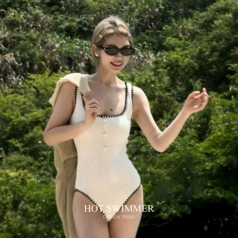 Maillot de bain une pièce simple et élégant 2025 – Style balnéaire extensible et très confortable, maillot de bain chic inspiré de Chanel pour femmes