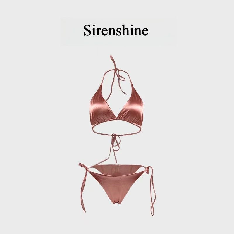 Satin Triangle Bikini with Adjustable Ties Sexy Swimwear for Women Summer Beach Vacation