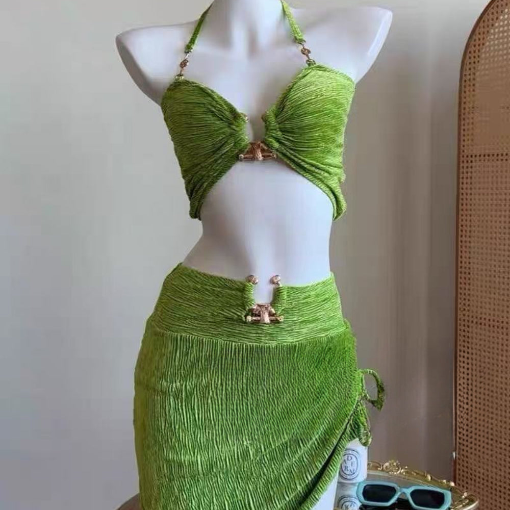 Luxury Velvet High Waist Bikini Set Slimming Swimwear 3 Piece Outfit