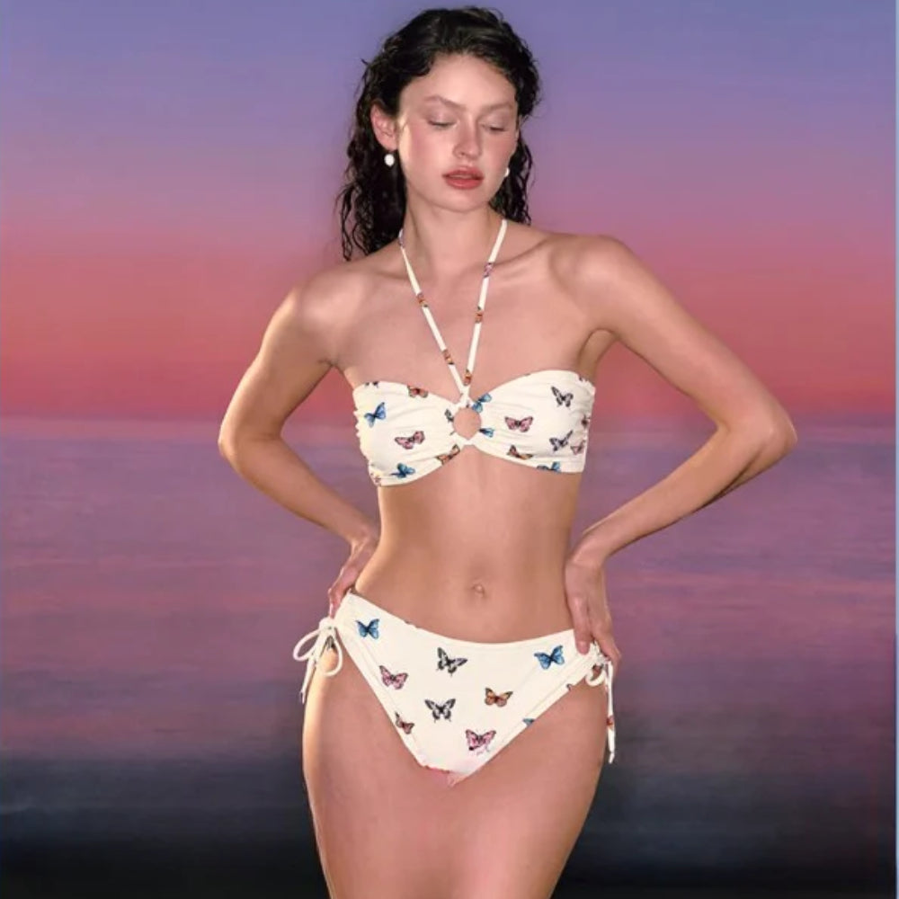 Y2K Low Rise Bikini Set - Butterfly Print & Fairycore Bikini | 2000s Retro Swimwear for Rave Swimwea