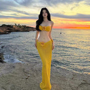 Lemon Yellow Bikini Set Sexy Low Waist Cover Up Vacation Beachwear Trio