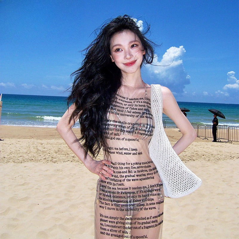 Viral Checkered Bikini Set - Sheer Mesh Cover-Up with Typography | Retro Y2K Beach Outfit