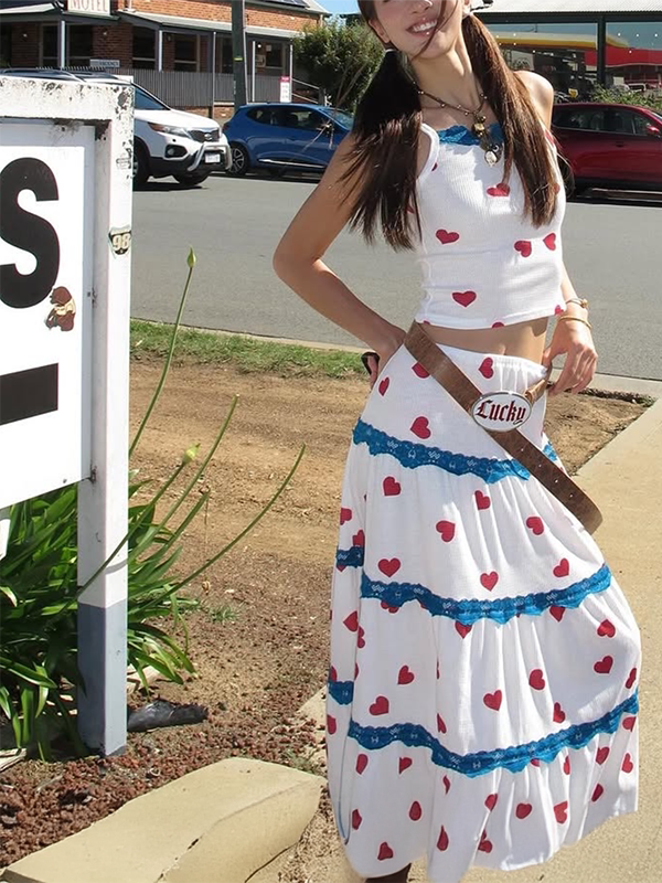 Sweet Cool Love Print Sleeveless Vest Women High Waist Slim Skirt Fashion Two Piece Set Trendy