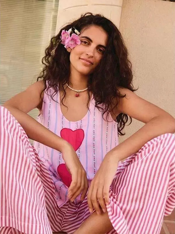 Sweetheart Love Stripe Sleeveless Dress Vest and Long Skirt Pink Heart
