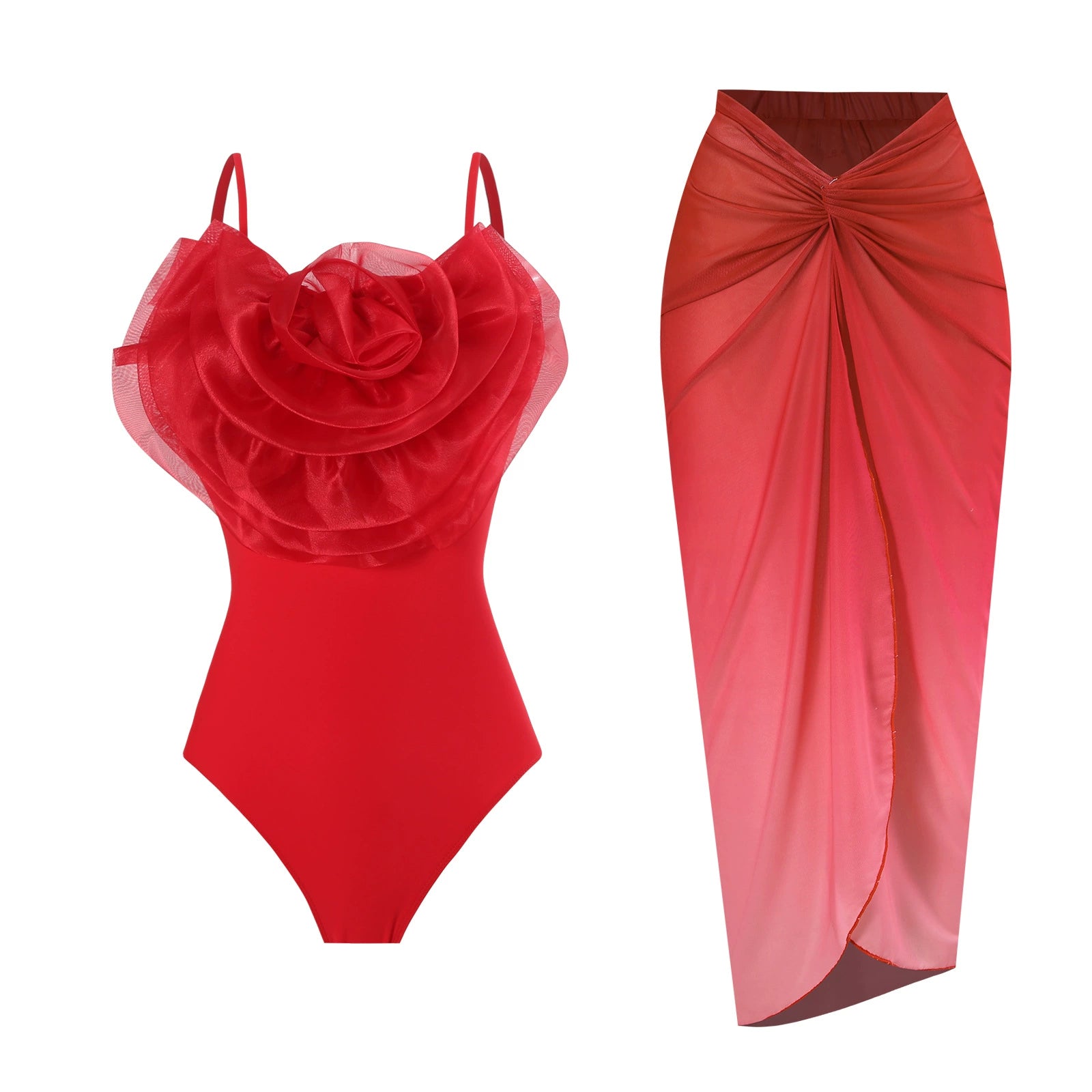Maillot de bain une pièce floral fait à la main avec jupe en maille sexy - Tenue de plage de vacances pour femmes