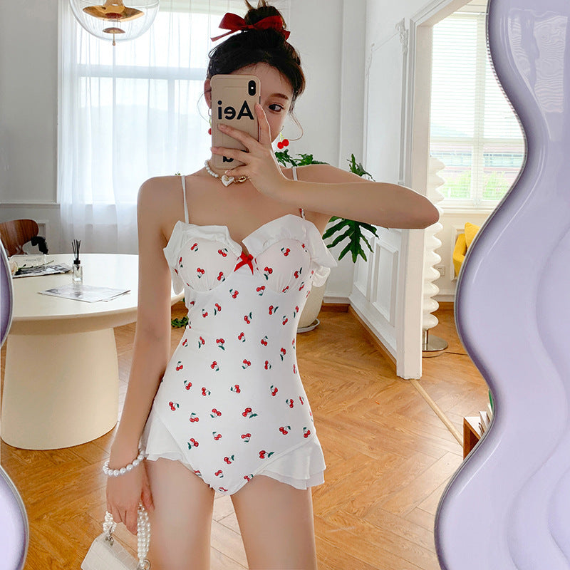 Maillot de bain une pièce Cherry Girl, style coréen Ins, bordure en dentelle florale, doux, tenue de plage pour étudiante