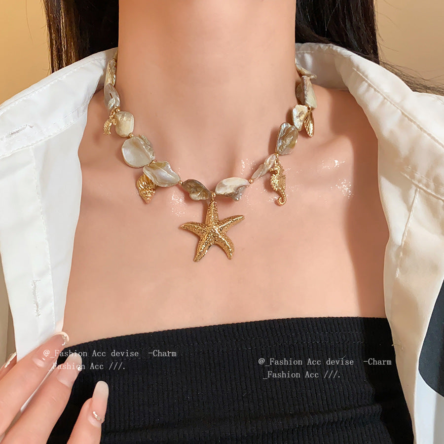 Unique Baroque Pearl Shell Starfish Pendant Necklace