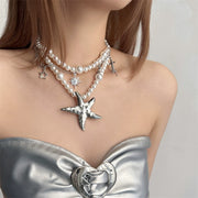 Unique Y2K Inspired Exaggerated Pearl Starfish Layered Necklace Women Handmade Boho Chic Jewelry