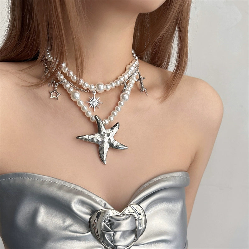 Unique Y2K Inspired Exaggerated Pearl Starfish Layered Necklace Women Handmade Boho Chic Jewelry