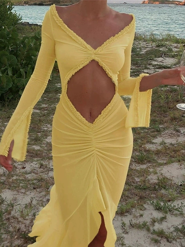 Kendall Jenner Inspired Sexy Summer Sheer Beach Dress Asymmetrical Mermaid Hem Hollow Out Ruffle Slim Fit