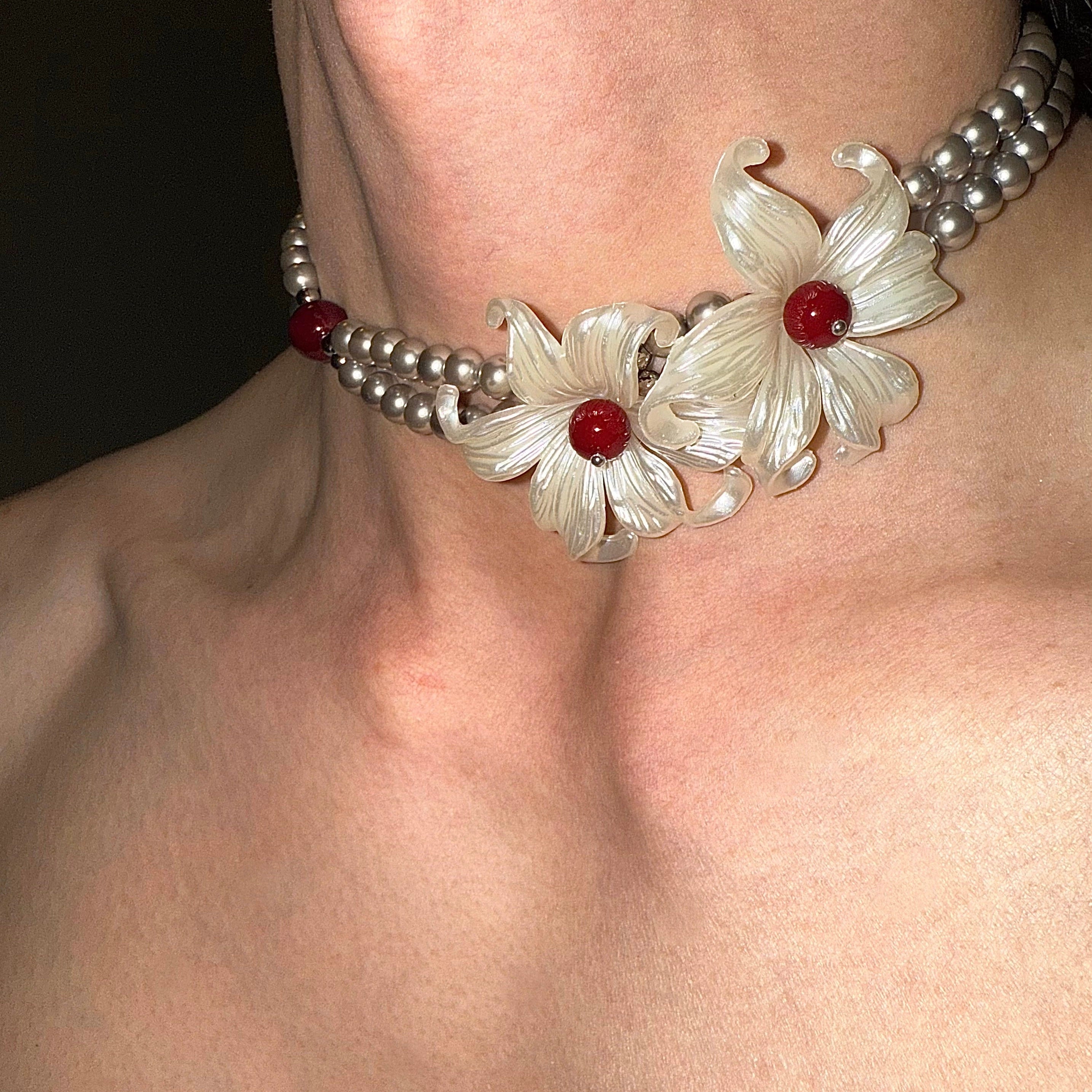 Iridescent Iris Flower Pearl Choker Silver Necklace Stylish Womens Fashion Jewelry