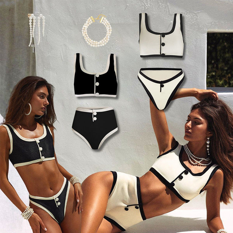 Chanel-Inspired Black & White Bikini Set - High Waist & Timeless Elegance | French Riviera Style