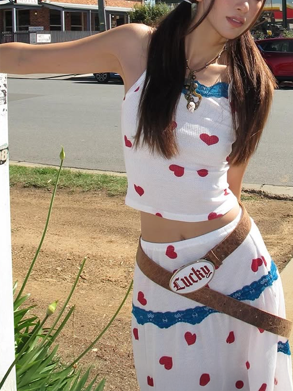Sweet Cool Love Print Sleeveless Vest Women High Waist Slim Skirt Fashion Two Piece Set Trendy