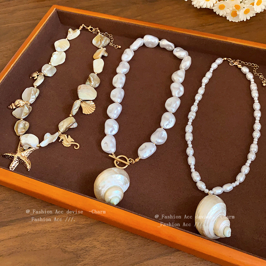 Unique Baroque Pearl Shell Starfish Pendant Necklace
