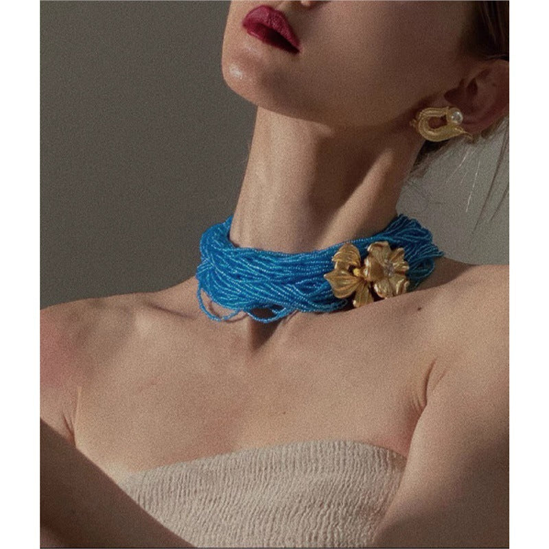 Vintage Boho Layered Beaded Flower Necklace Ins Blogger Waist Chain Elegant Retro Baroque Statement Jewelry