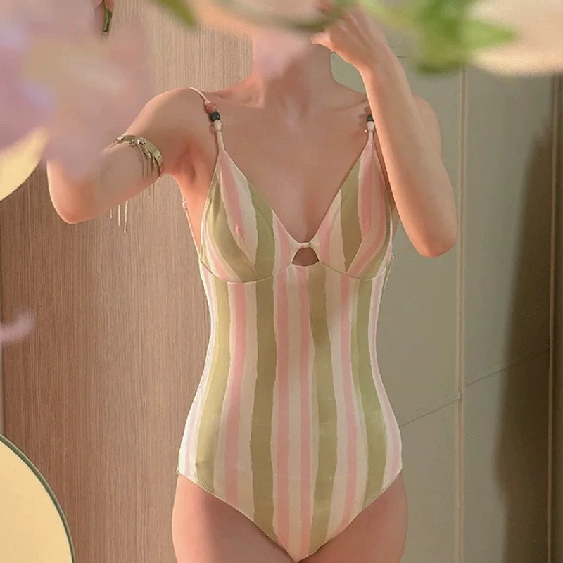 Maillot de bain une pièce rayé bicolore style français pour femme, bikini à fines bretelles
