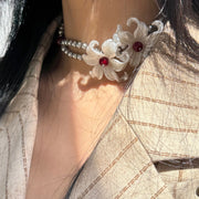 Iridescent Iris Flower Pearl Choker Silver Necklace Stylish Womens Fashion Jewelry
