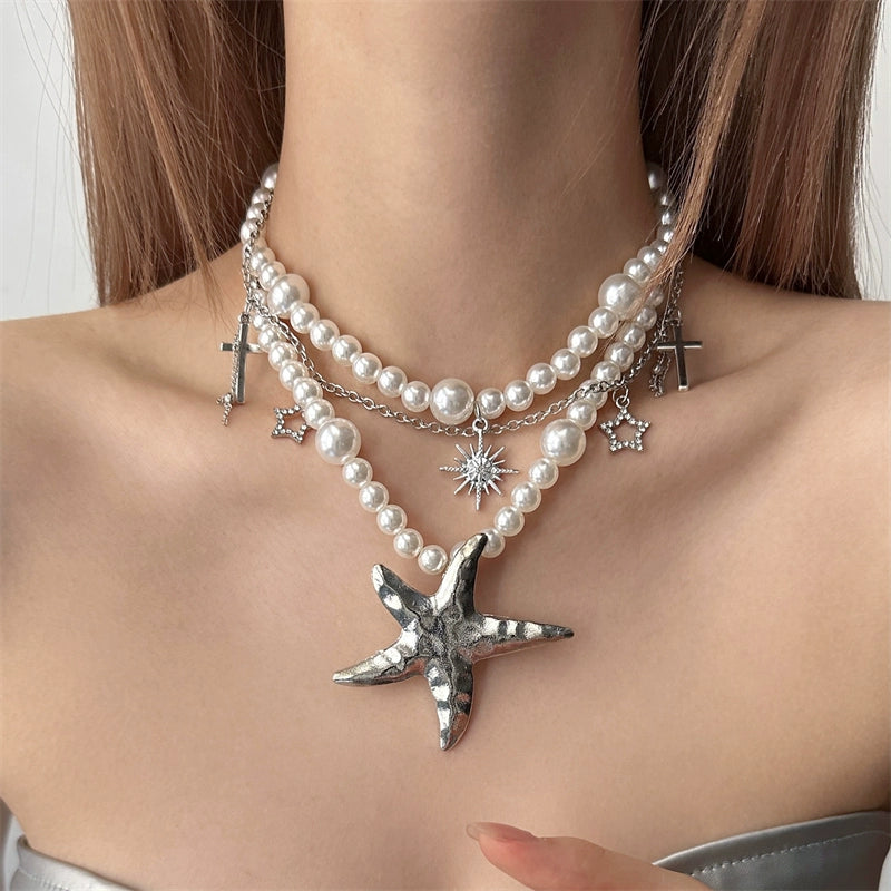 Unique Y2K Inspired Exaggerated Pearl Starfish Layered Necklace Women Handmade Boho Chic Jewelry