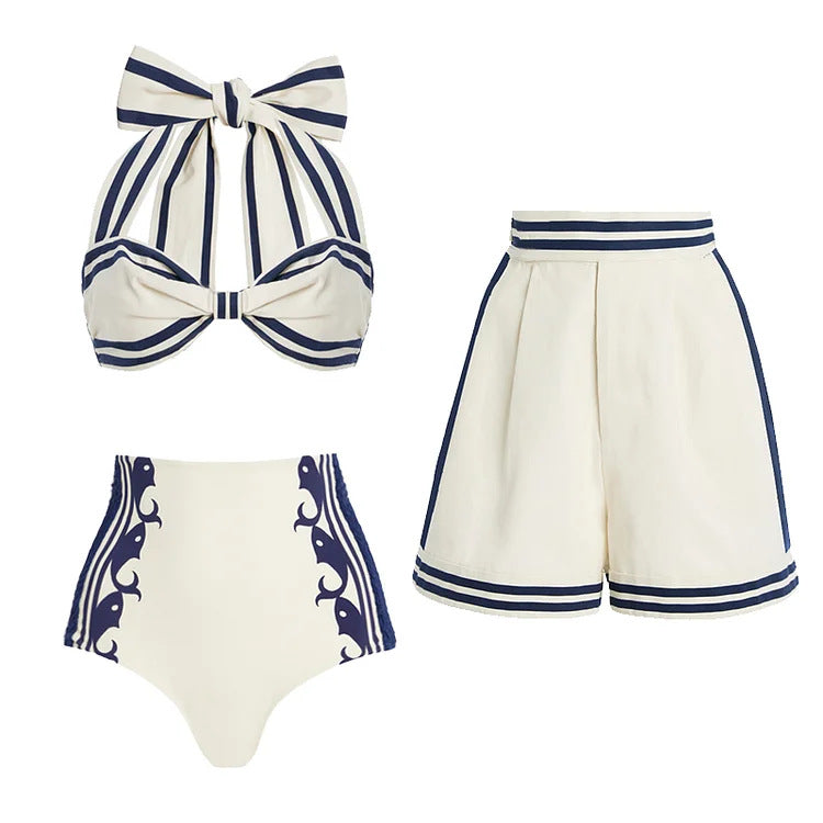 New Navy High Waist Split Swimsuit Set Sexy One Piece Bathing Suit for Women