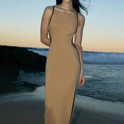 Robe Longue Sans Manches Kaki Sexy Décolleté Bardot pour Vacances à la Plage avec Ceinture à Nouer Mode Femme