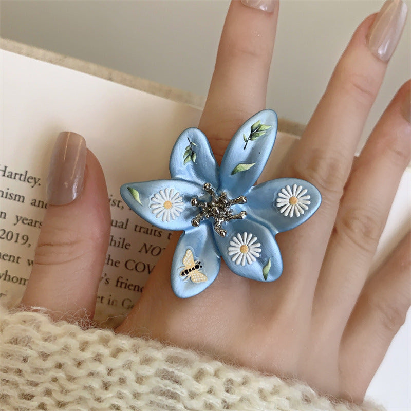 Colorful Dopamine Enamel Drop Oil Haze Blue Flower Open Ring Women Daisy High End Ring