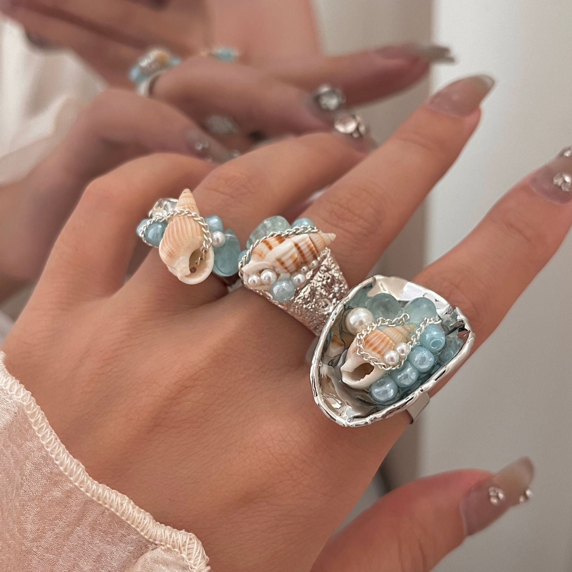 Natural aquamarine shell handmade ring