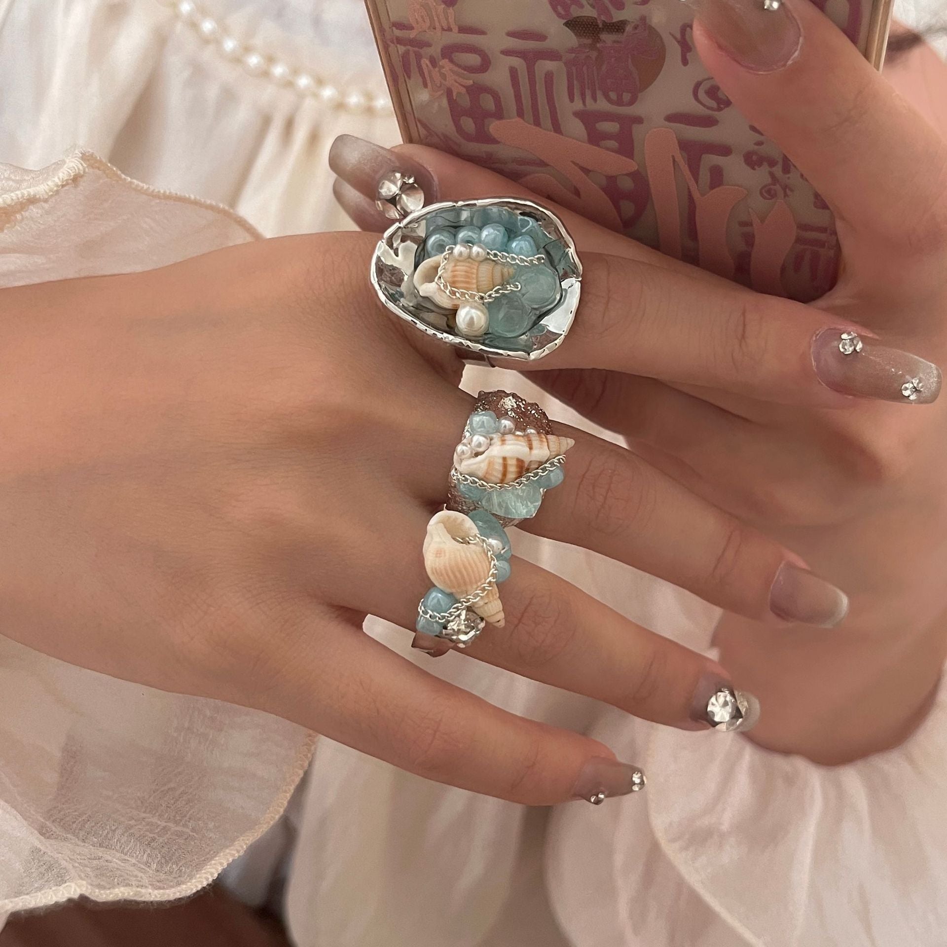 Natural aquamarine shell handmade ring