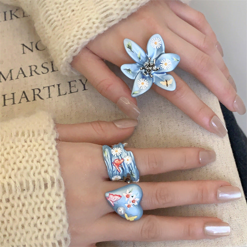 Colorful Dopamine Enamel Drop Oil Haze Blue Flower Open Ring Women Daisy High End Ring