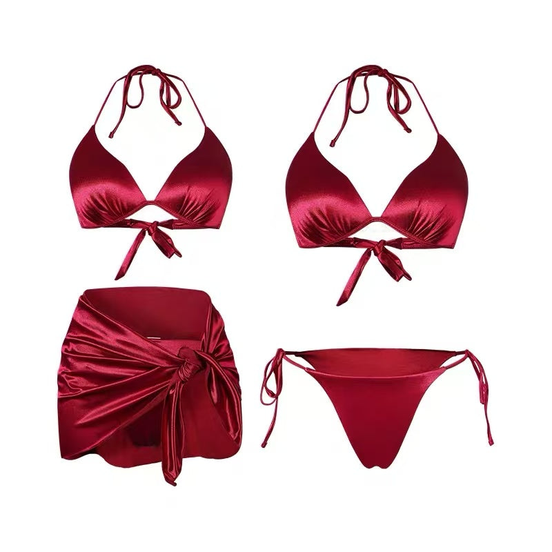 Luxury Red Satin Bikini Set - Sexy Push-Up Trio Swimsuit | Adjustable Straps | High-End Vacation Vibes