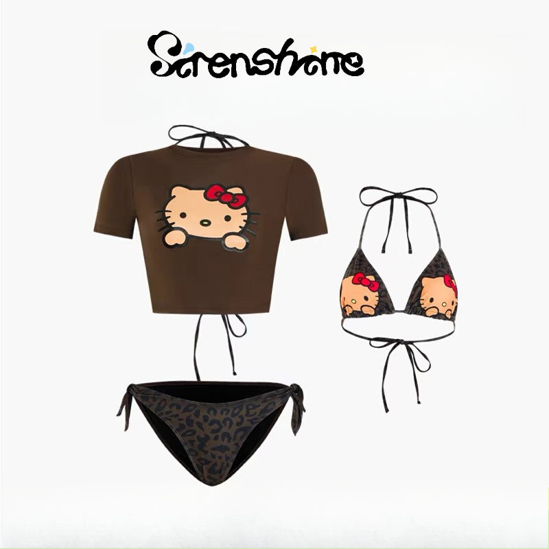Y2K Low Rise Bikini Set - hello Kitty Print & High Leg Cut | 2000s Retro Swimwear for Music Festivals