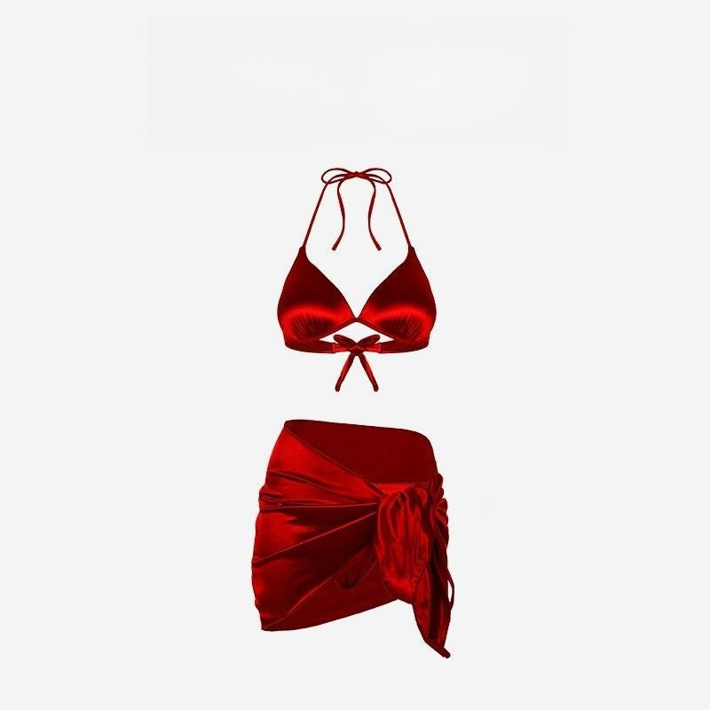 Luxury Red Satin Bikini Set - Sexy Push-Up Trio Swimsuit | Adjustable Straps | High-End Vacation Vibes