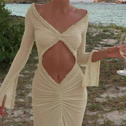Robe d'été transparente sexy inspirée de Kendall Jenner, ourlet sirène asymétrique, ajouré, volants, coupe ajustée