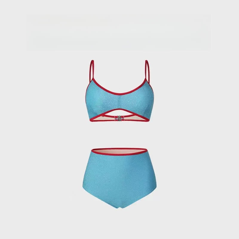 Vintage Contrast High Waist Cover Flesh Hip Split Bikini
