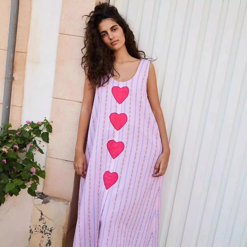 Sweetheart Love Stripe Sleeveless Dress Vest and Long Skirt Pink Heart