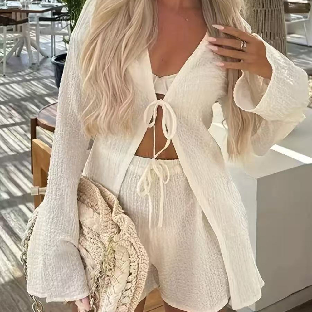 Sexy Solid Color Knit Bikini Beach Cover Up Set Women Short Beach Set Sun Protection Outfit