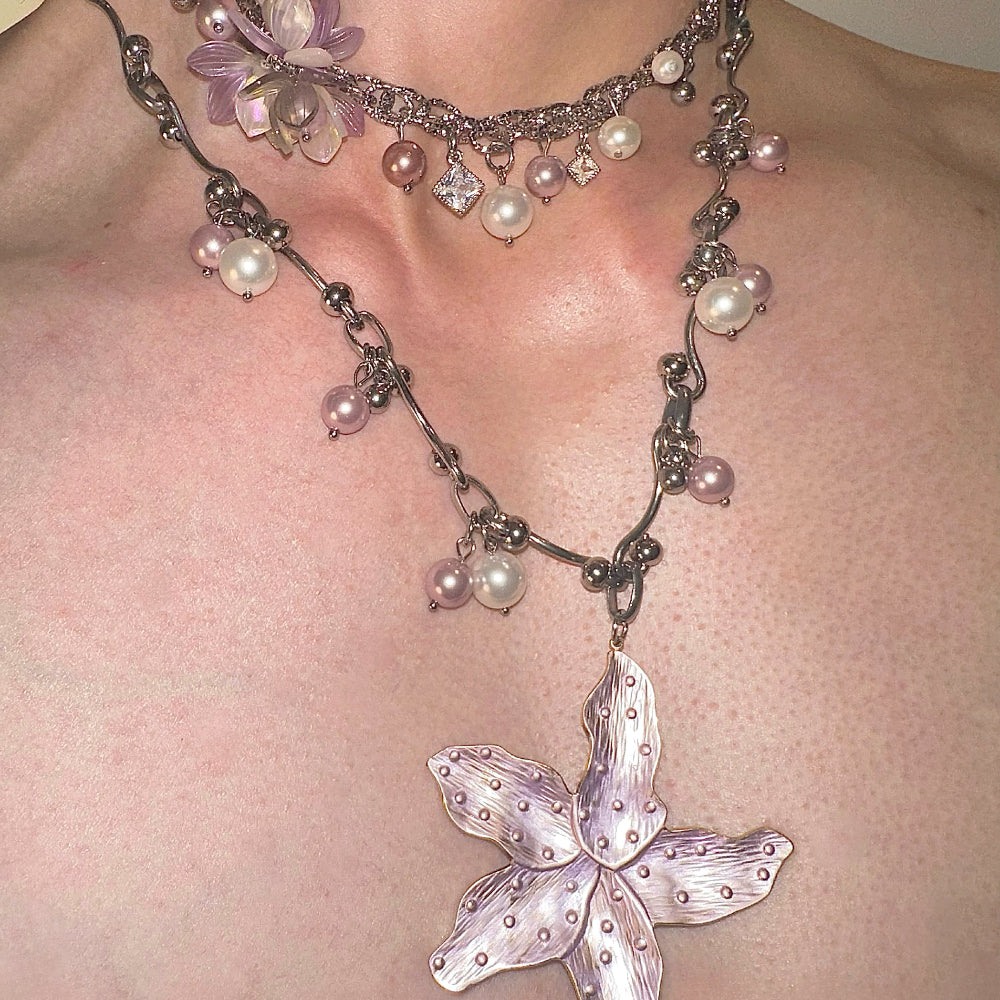 Star Flower Titanium Steel Pink Purple Pearl Necklace Beach Vacation Accessory Elegant Jewelry Gift for Women Y2K