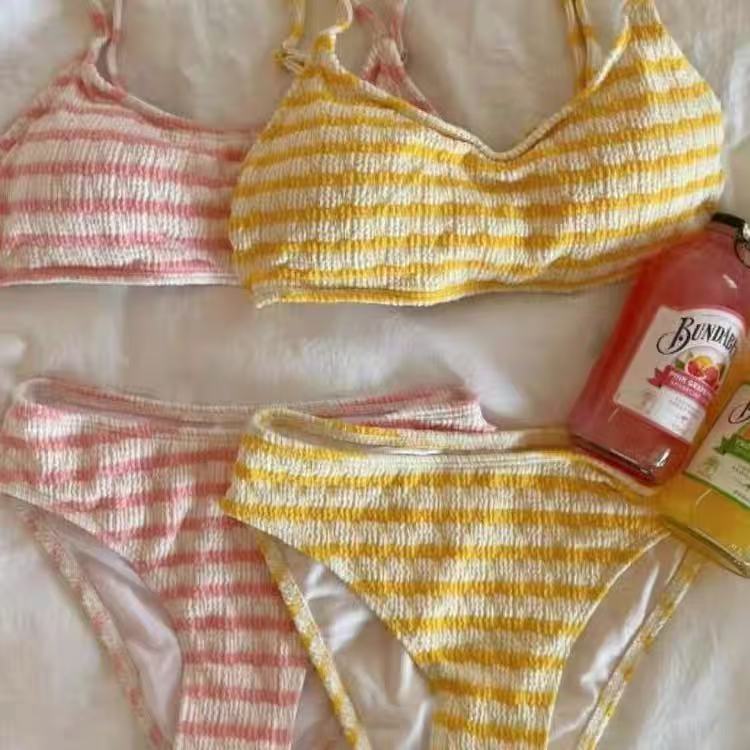 Pink stripes Bikini Set -  High Cut Thong Bottom & Adjustable Straps -Soft Girl Aesthetic