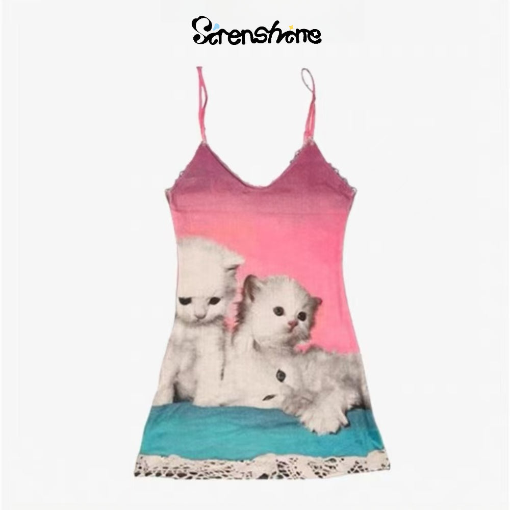 Omighty Y2k Cute Cat Print Pink Lace Mini Dress Y2k Baddie Aesthetic Outfit