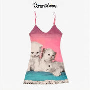 Omighty Y2k Cute Cat Print Pink Lace Mini Dress Y2k Baddie Aesthetic Outfit