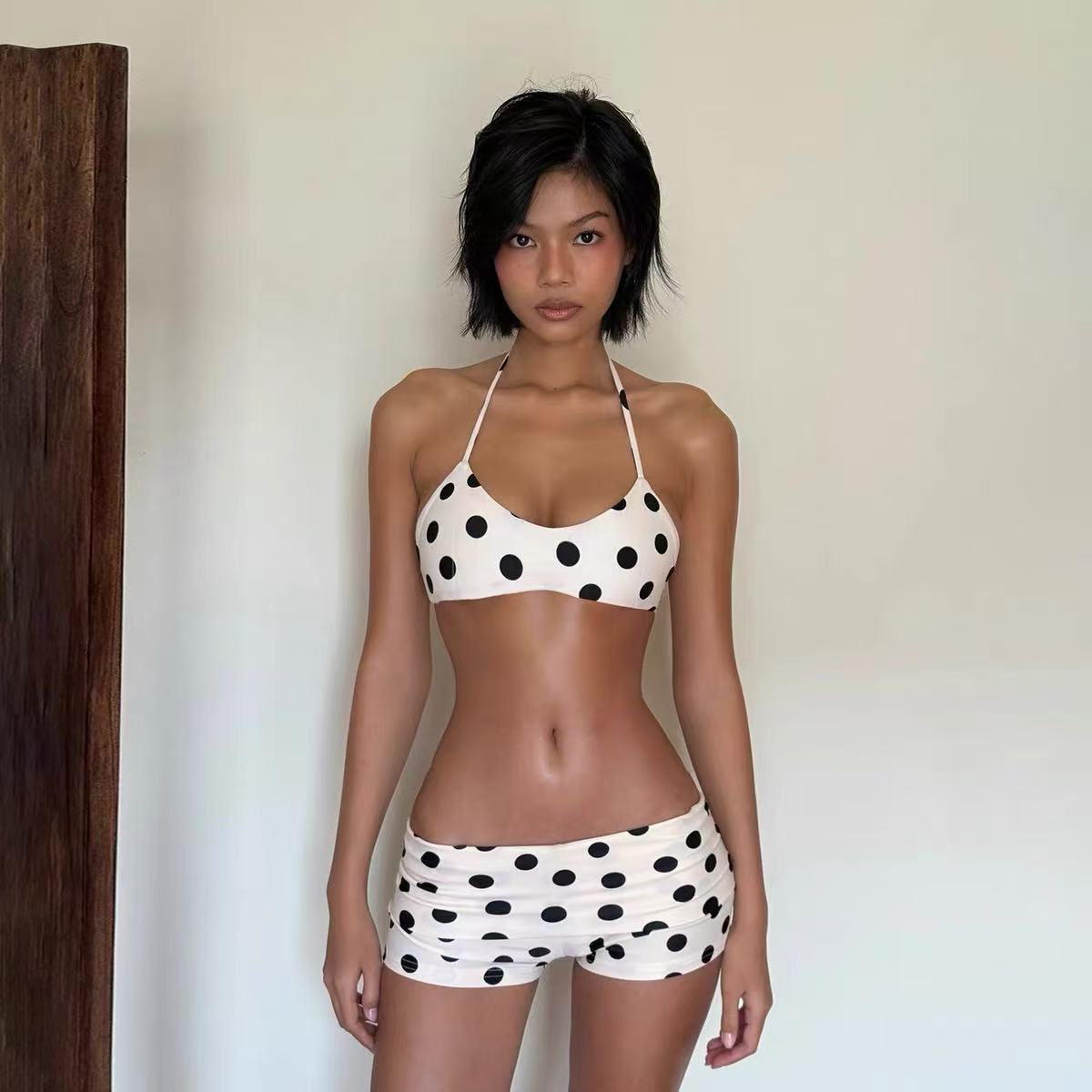 French Retro Polka Dot Bikini One Shoulder Bow Tie Swimsuit Vintage Floral Print Two Piece Swimwear For Women