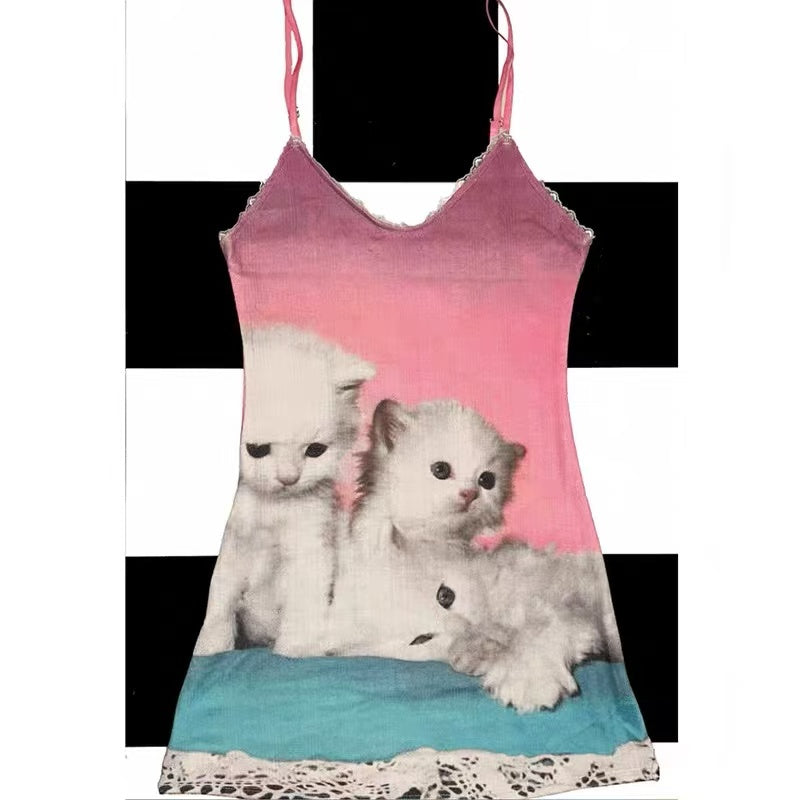 Omighty Y2k Cute Cat Print Pink Lace Mini Dress Y2k Baddie Aesthetic Outfit