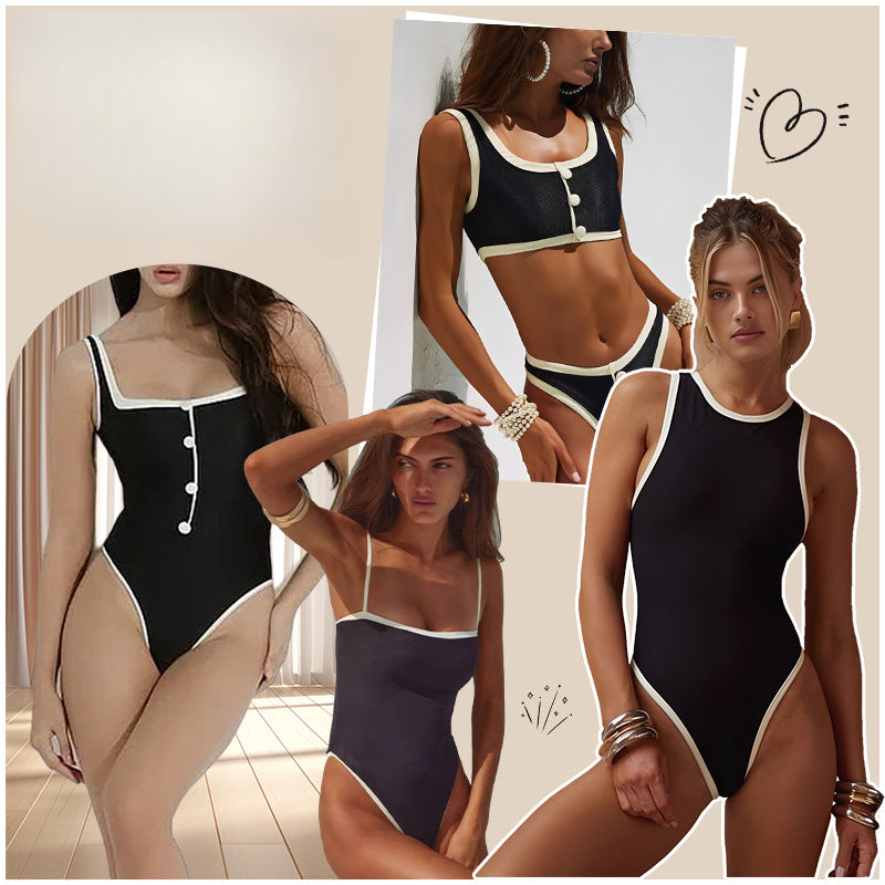 Maillot de bain une pièce chic noir et blanc – Dos ouvert sexy, maillot de bain haut de gamme Y2K pour femmes
